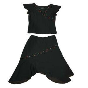 VTG 2pc. Studio I Top/ Skirt Set Black Embroidered Hi/Low Short Sleeve - EUC